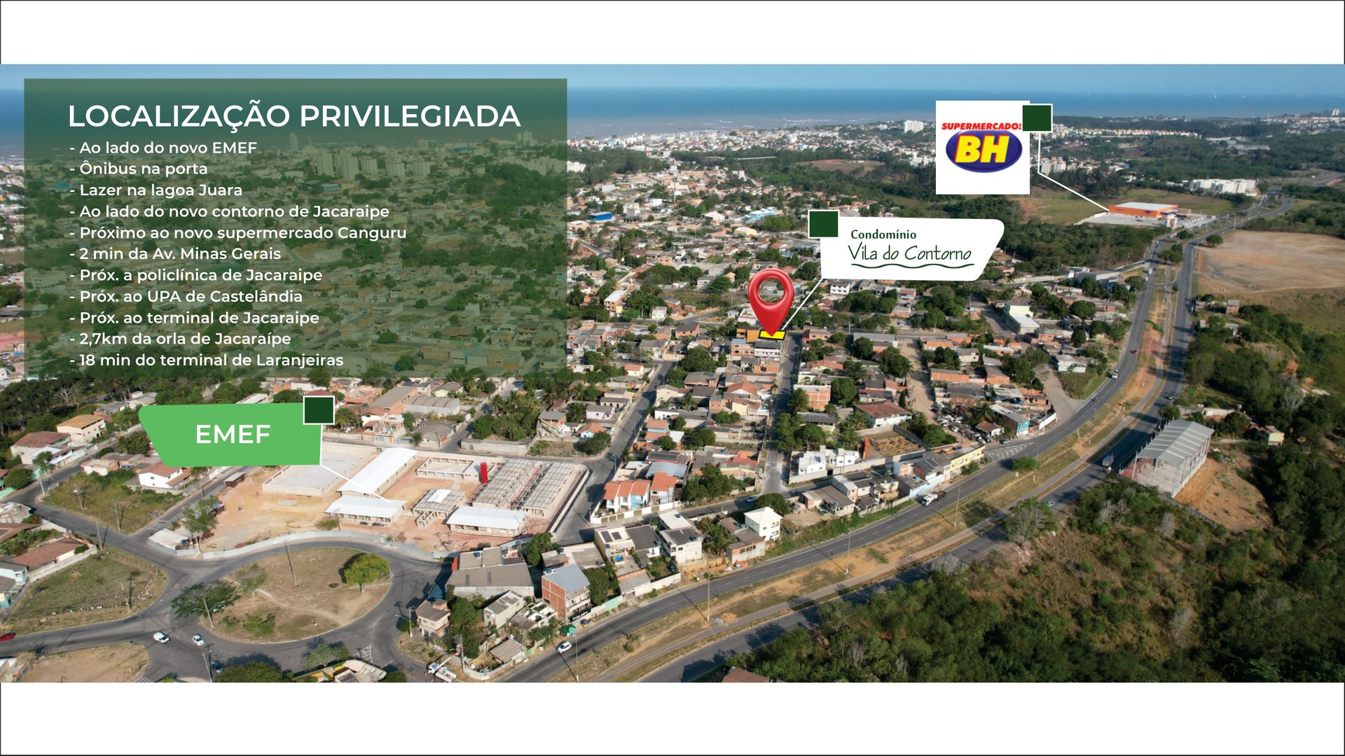 Mapa de localização com o pino do empreendimento e o Supermercado BH nas proximidades